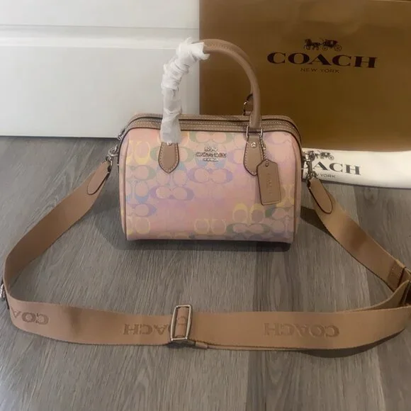Coach Rowan Satchel Bag In Rainbow Signature Canvas CDA90 Sand Multi - Picture 1 of 8